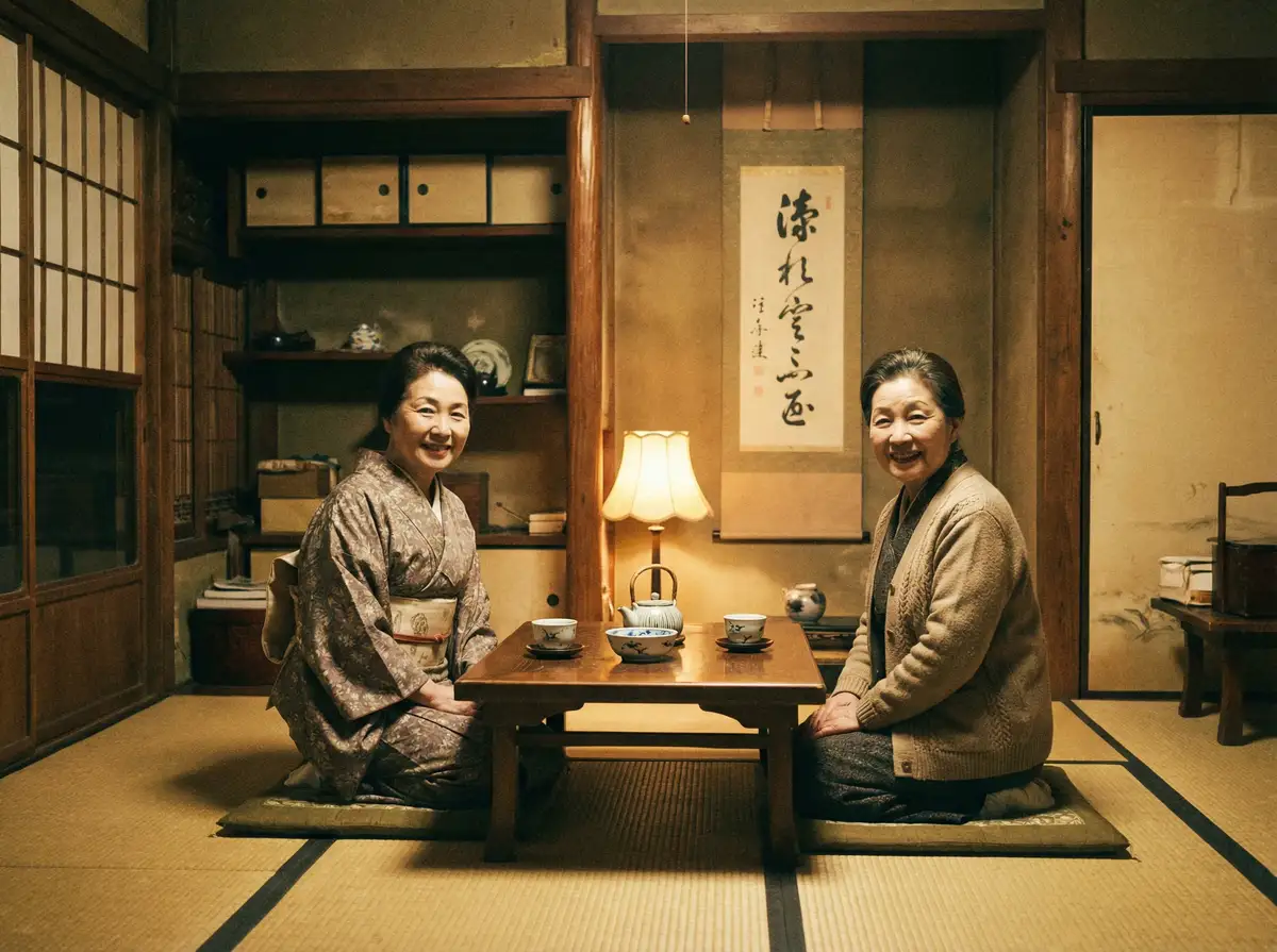 两位优雅的 天马体育app 在日式茶室中品茶交谈